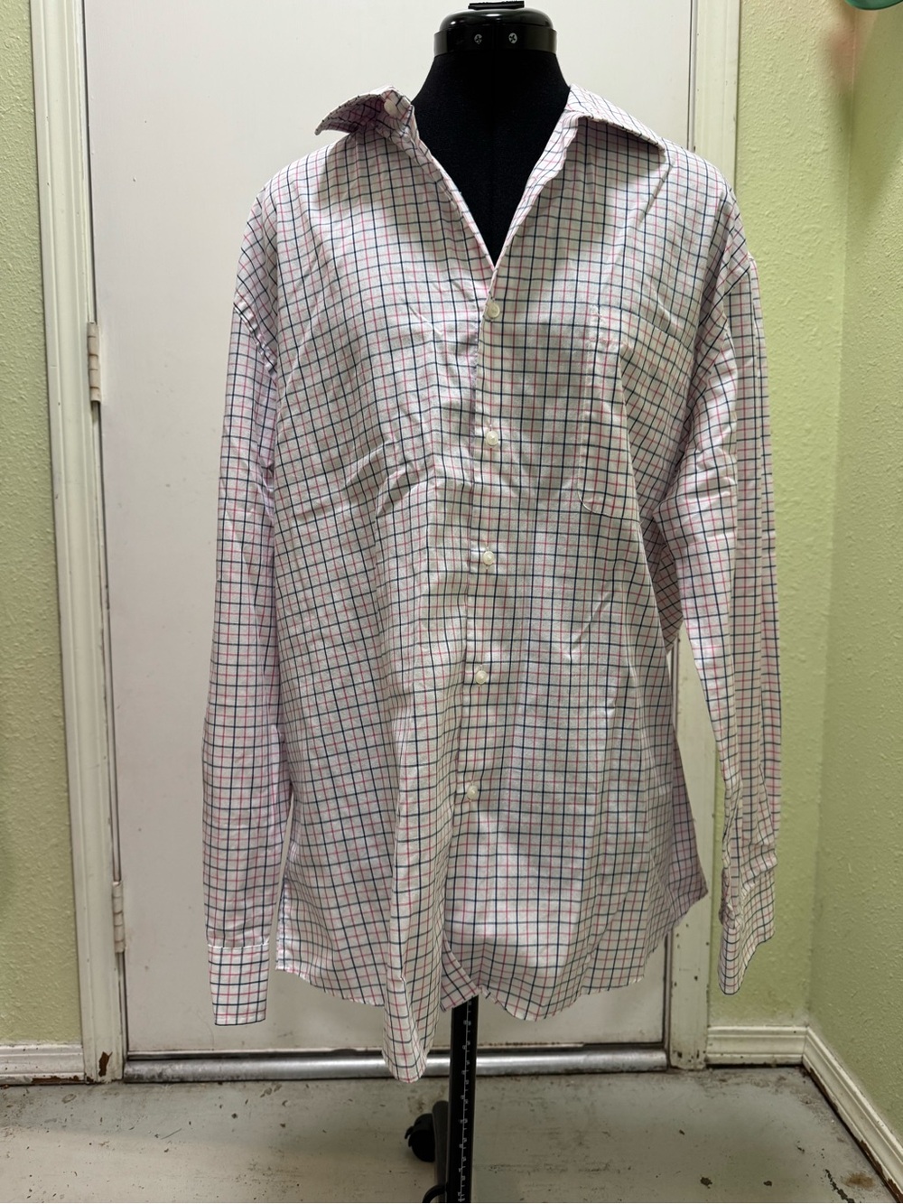 Dockers White Button-Up Shirt with Pink & Blue Grid